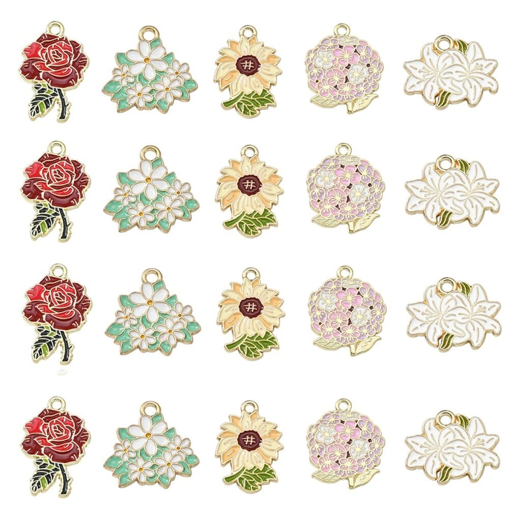 9829 30 Pcs 5 Styles Enamel Hydrangea Lily Bouquet Charm Roses Sunflowers